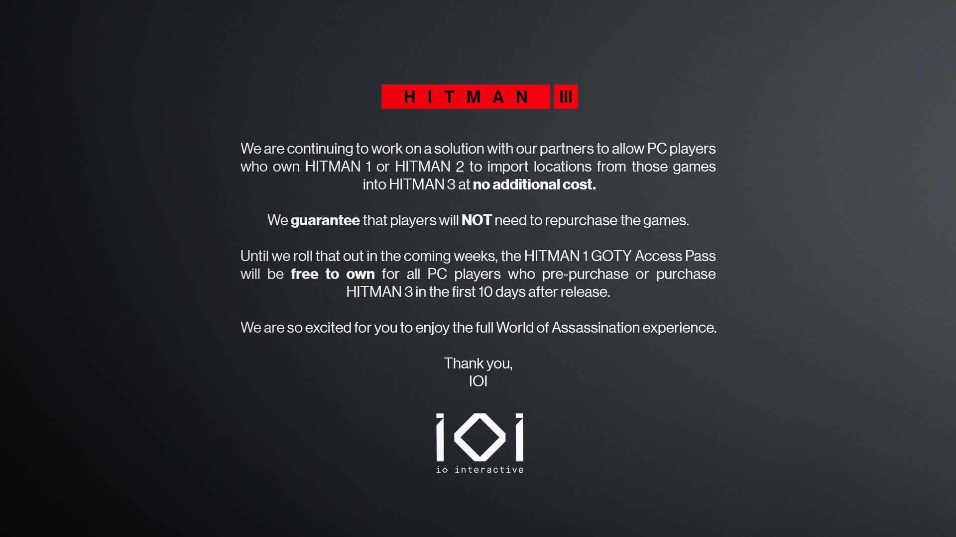 IO承诺解锁《杀手3》前代关卡 无需重复购买游戏