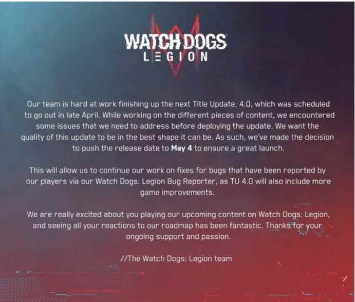 《看门狗：军团》最新“4.0”更新推出时间将延迟