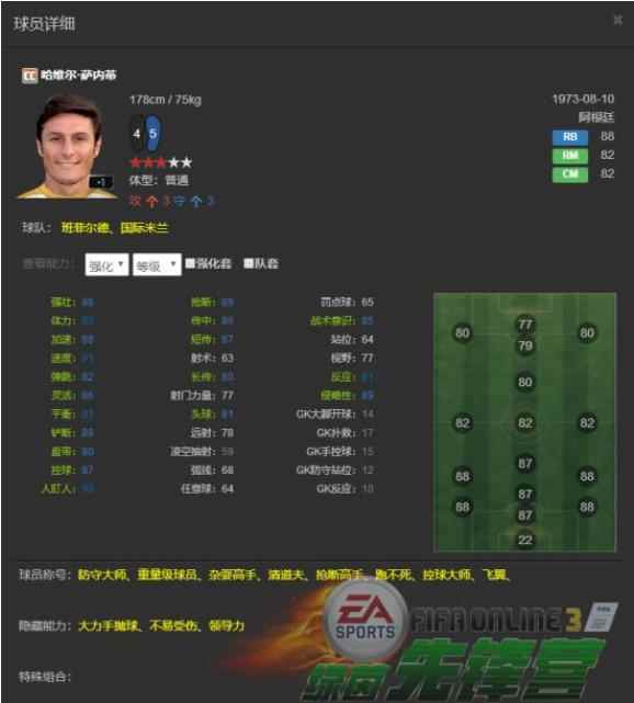 FIFA Online3世界传奇萨内蒂季卡评测