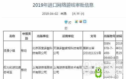 2019年进口网络游戏审批信息