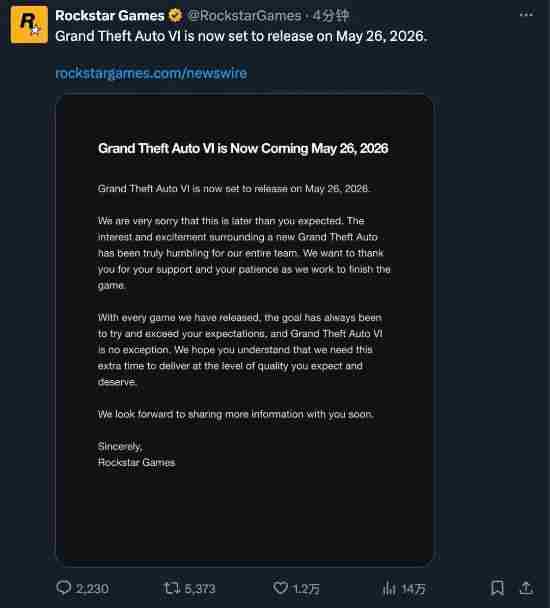 GTA6或延期至2028年发售