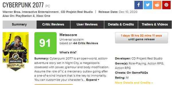 《赛博朋克2077》媒体评分解禁!M站均分91分_赛博朋克2077评测