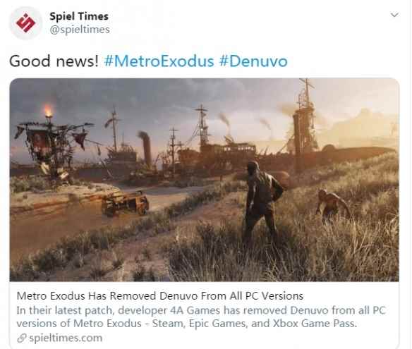 《地铁离去》更新补丁：移除Denuvo反篡改加密！