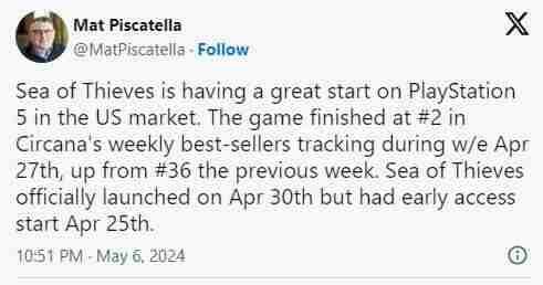 盗贼之海在抢先体验阶段成为美国销量第二PS5游戏