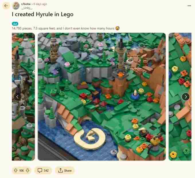 塞尔达传说玩家用乐高积木搭建海拉鲁地图:近1
